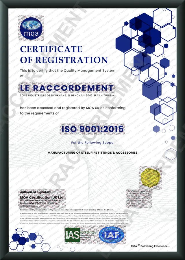 Certificat d’enregistrement ISO 9001:2015 MQA de Le Raccordement